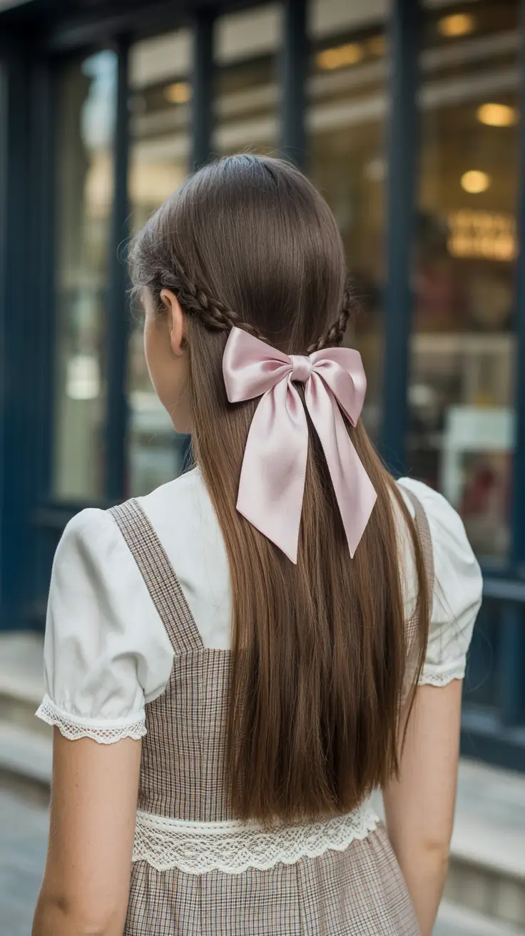 elegant spring bow hairstyles for 2026 Silky Pink Bow With Side Braids On Long Straight Hair