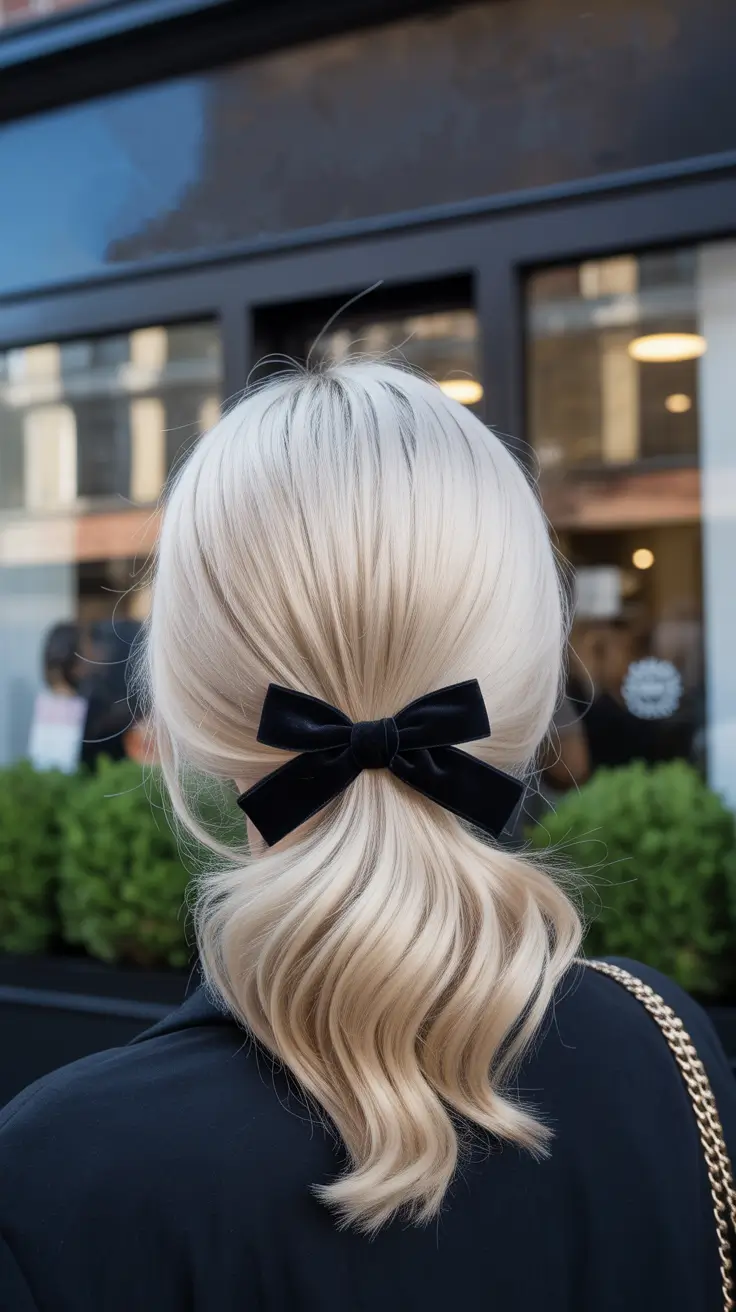 elegant spring bow hairstyles for 2026 Short Blonde Pony With A Black Bow And Soft Bend
