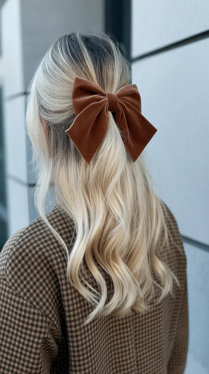 elegant spring bow hairstyles for 2026 Velvet Brown Bow On Icy Blonde Waves