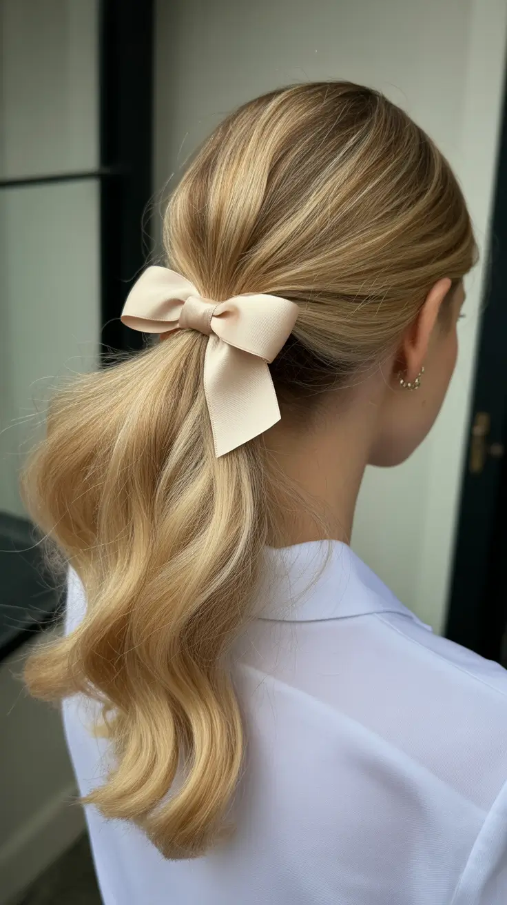 elegant spring bow hairstyles for 2026 Low Blonde Pony With A Cream Bow And Soft Glam Volume
