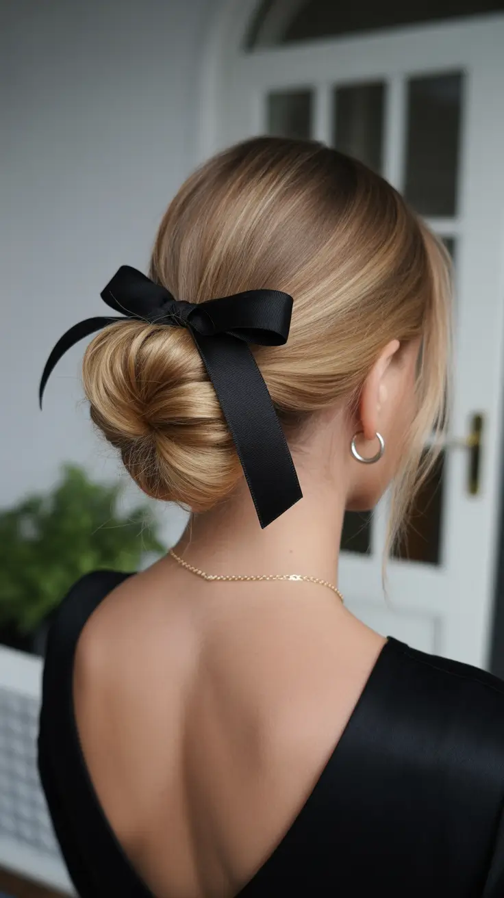 elegant spring bow hairstyles for 2026 + Polished Low Bun With A Long Black Ribbon