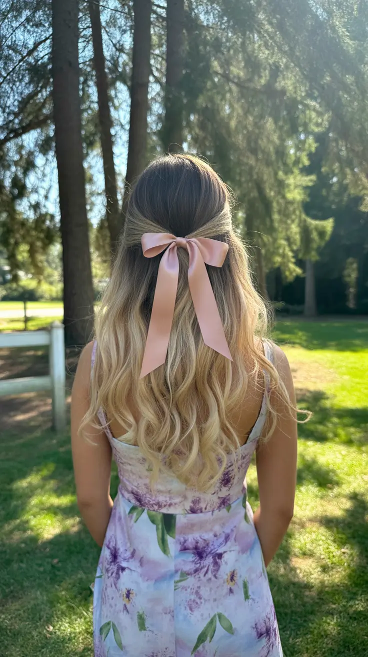 elegant spring bow hairstyles for 2026 + Sunlit Half-Up With A Soft Pink Ribbon And Loose Waves