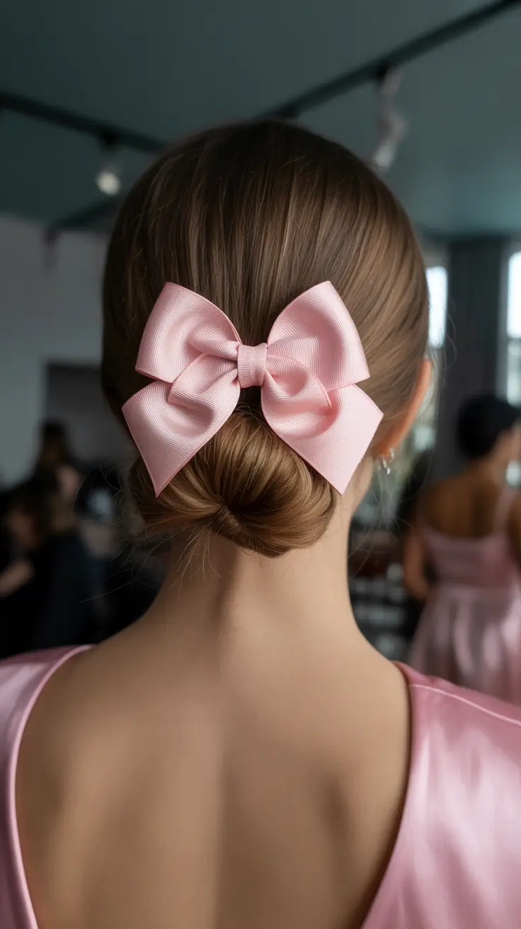 elegant spring bow hairstyles for 2026 + Low Chignon With A Satin Pink Bow For Events