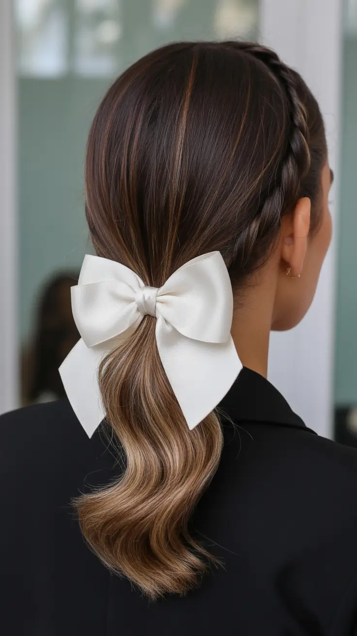 elegant spring bow hairstyles for 2026 + Side-Braided Pony With A Crisp White Bow