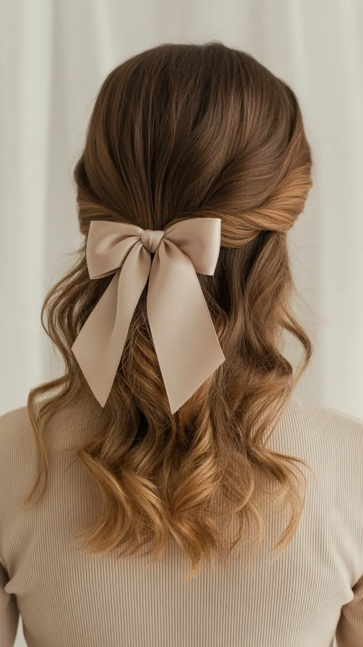 elegant spring bow hairstyles for 2026 Minimal Twisted Half Up With A Neutral Bow