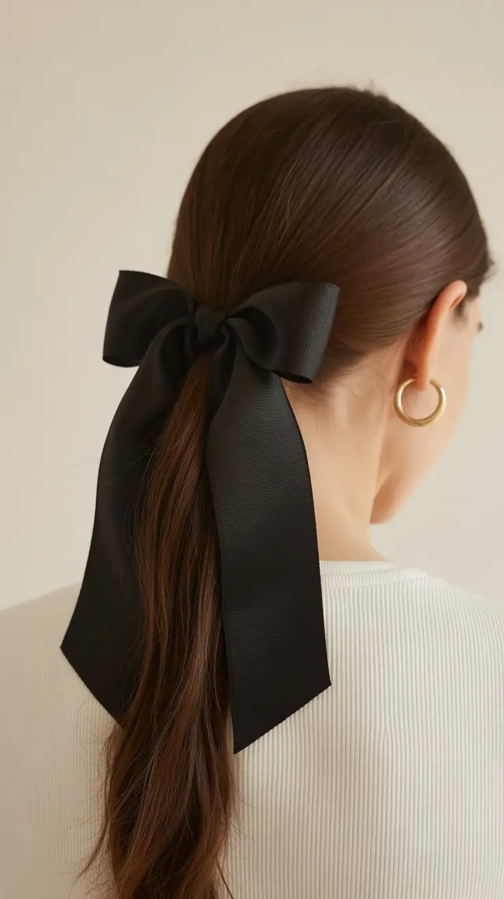 elegant spring bow hairstyles for 2026 + Minimal Low Pony With A Long Black Bow