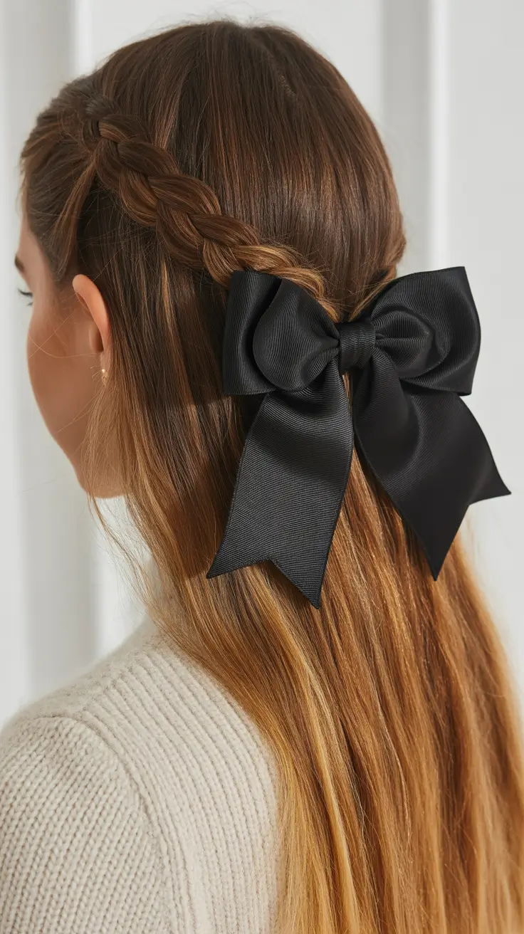elegant spring bow hairstyles for 2026 + Half-Up Side Braid With A Black Statement Bow
