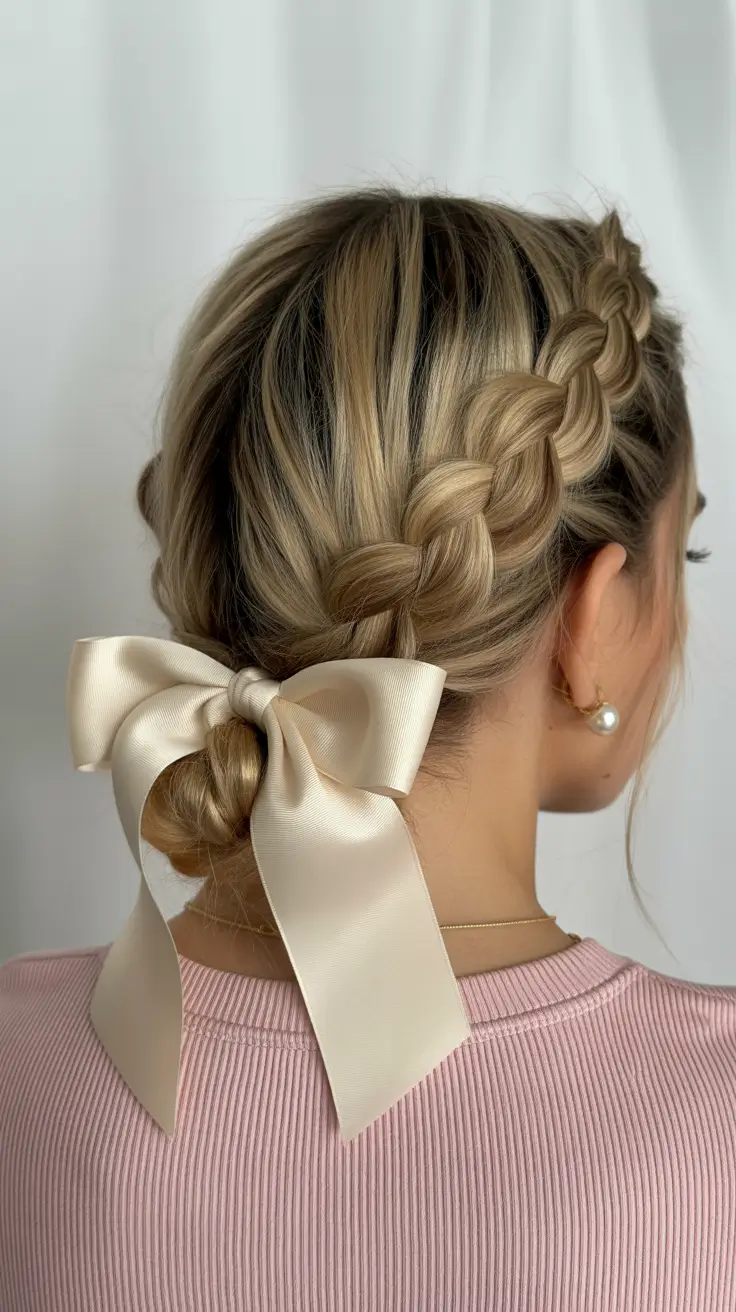 elegant spring bow hairstyles for 2026 Braided Crown Into A Low Bow Bun