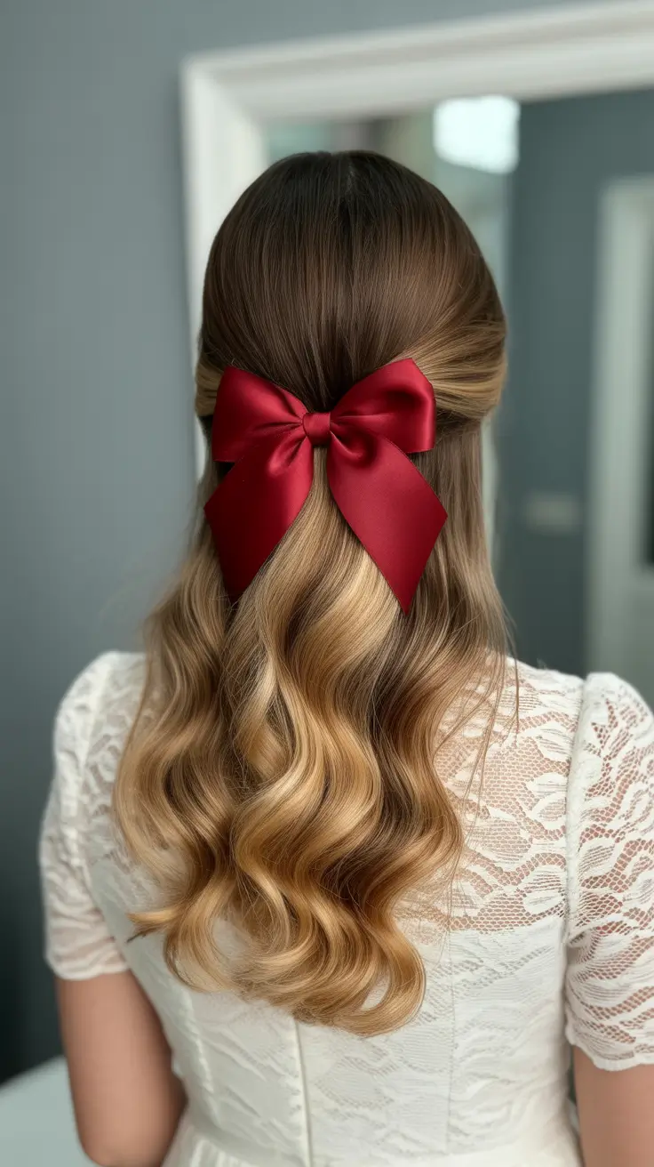 elegant spring bow hairstyles for 2026 Classic Glam Half Up With A Red Statement Bow