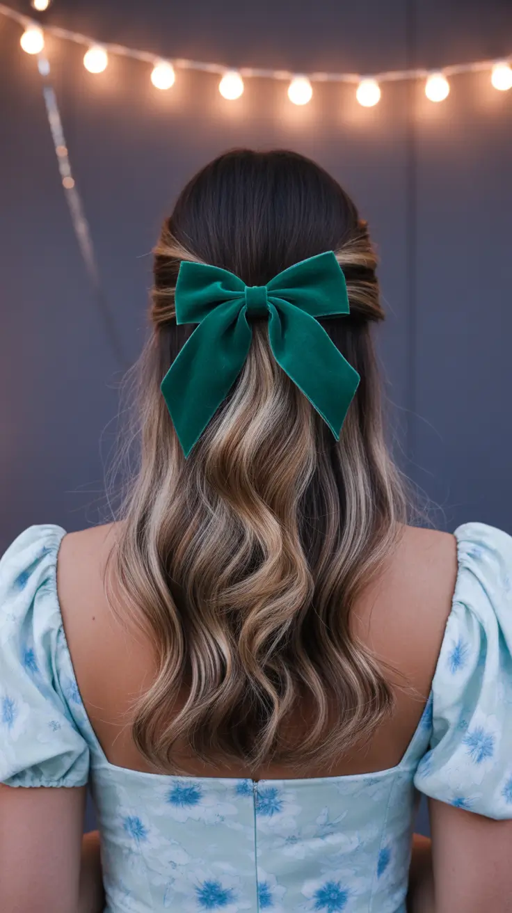 elegant spring bow hairstyles for 2026 + Velvet Half-Up Waves With A Statement Bow