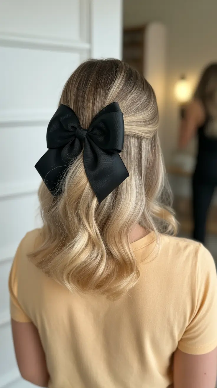 elegant spring bow hairstyles for 2026 + Black Bow Half-Up For A Clean, Modern Blonde Moment
