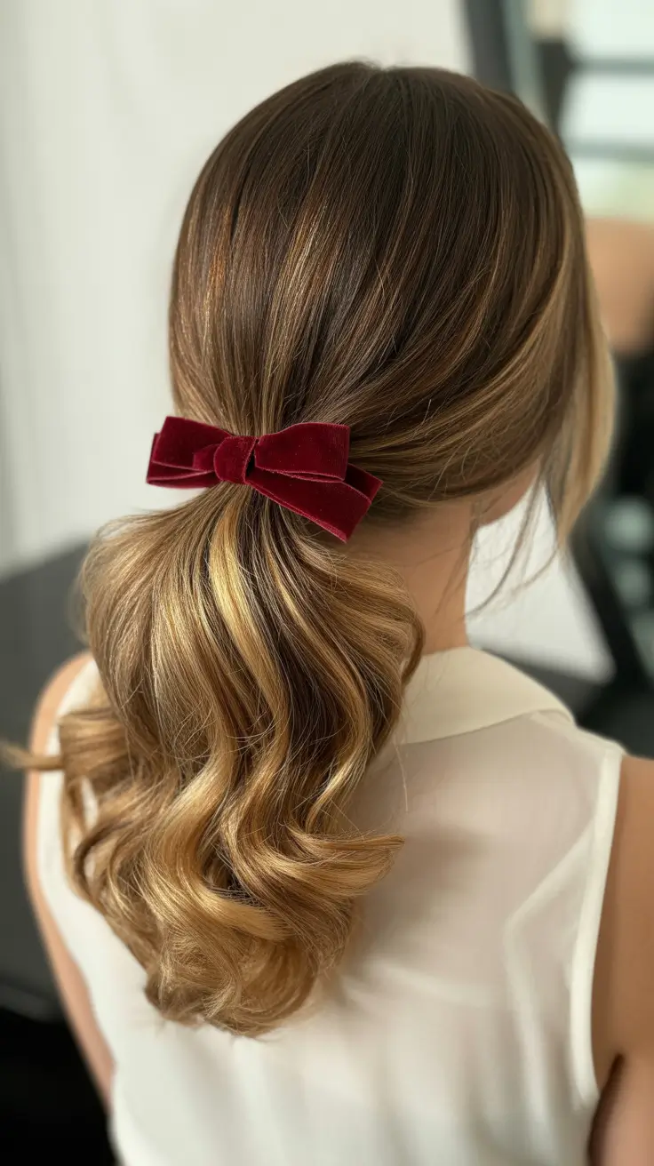 elegant spring bow hairstyles for 2026 + Low Ponytail With A Velvet Ribbon And Soft Hollywood Waves