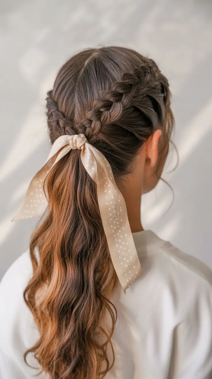 easy spring braids hairstyles 2026 + Ribbon-Tied Braided Crown Ponytail With Spring Romance