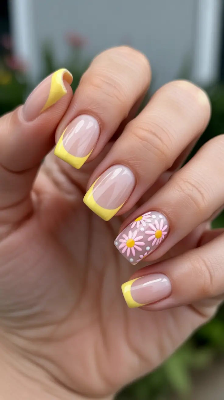 chic spring break nails 2026 + Sunny Yellow French Tips With A Daisy Accent