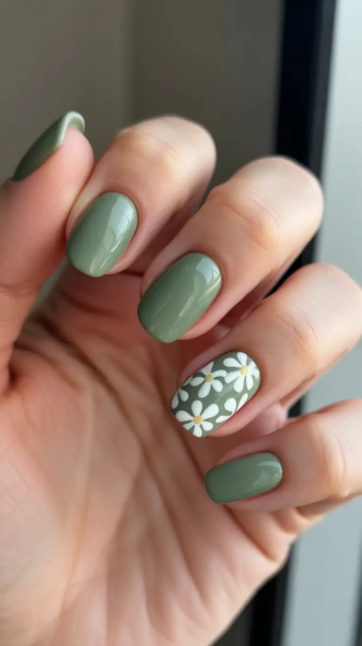 chic spring break nails 2026 + Sage Green Short Nails With A Retro Daisy Pop