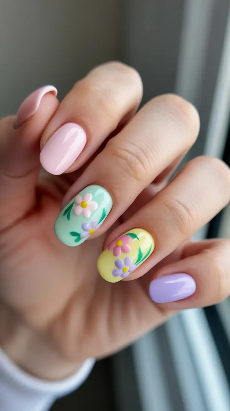 chic spring break nails 2026 + Pastel Mix And Match Florals On Short Rounded Nails