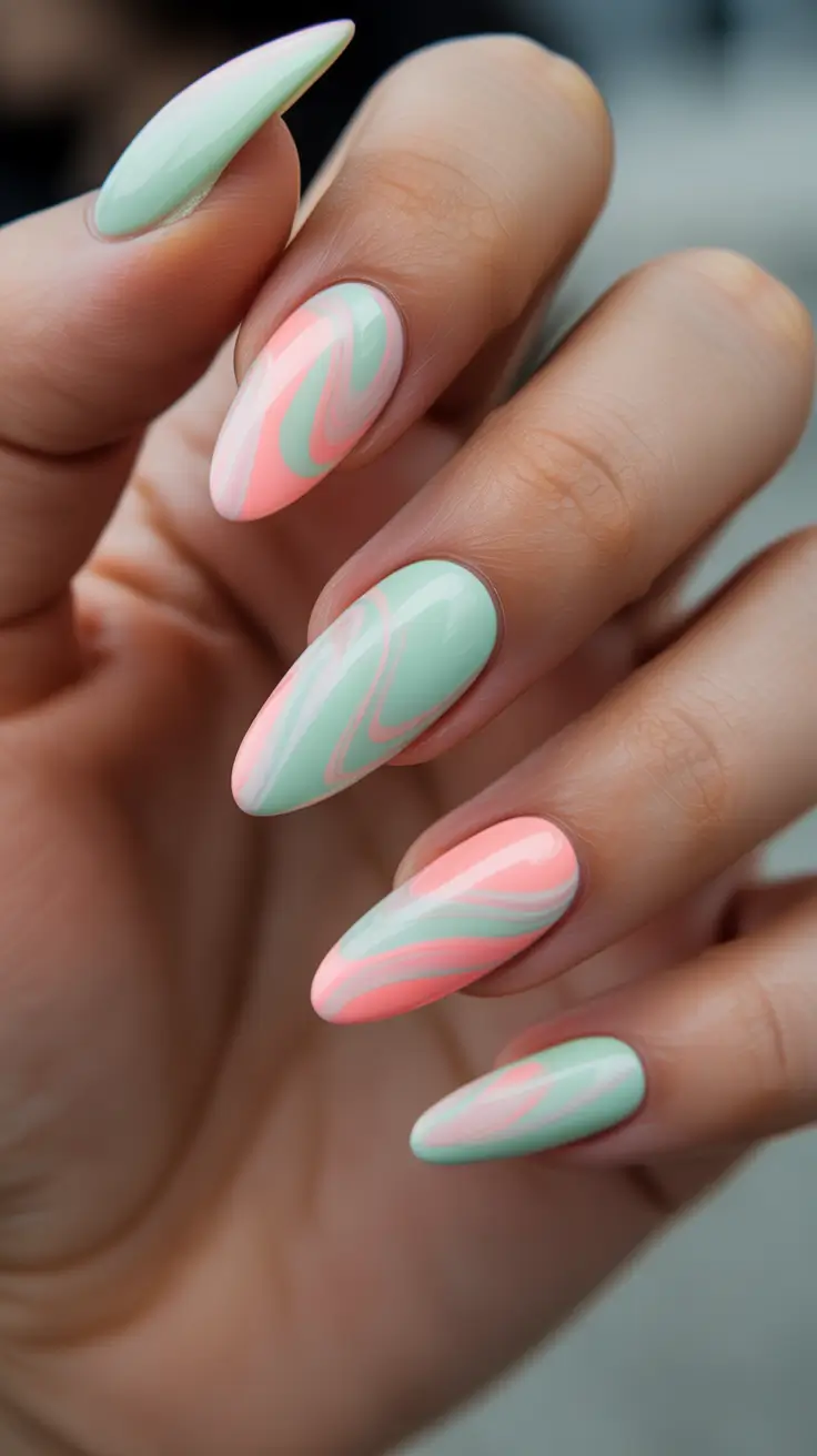 chic spring break nails 2026 + Mint And Coral Swirls For A Fresh Beachy Twist