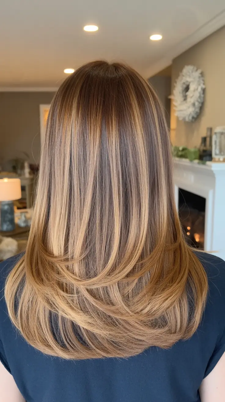 new spring caramel hair color 2026 Ribboned Caramel Highlights On Sleek Dark Brunette Layers