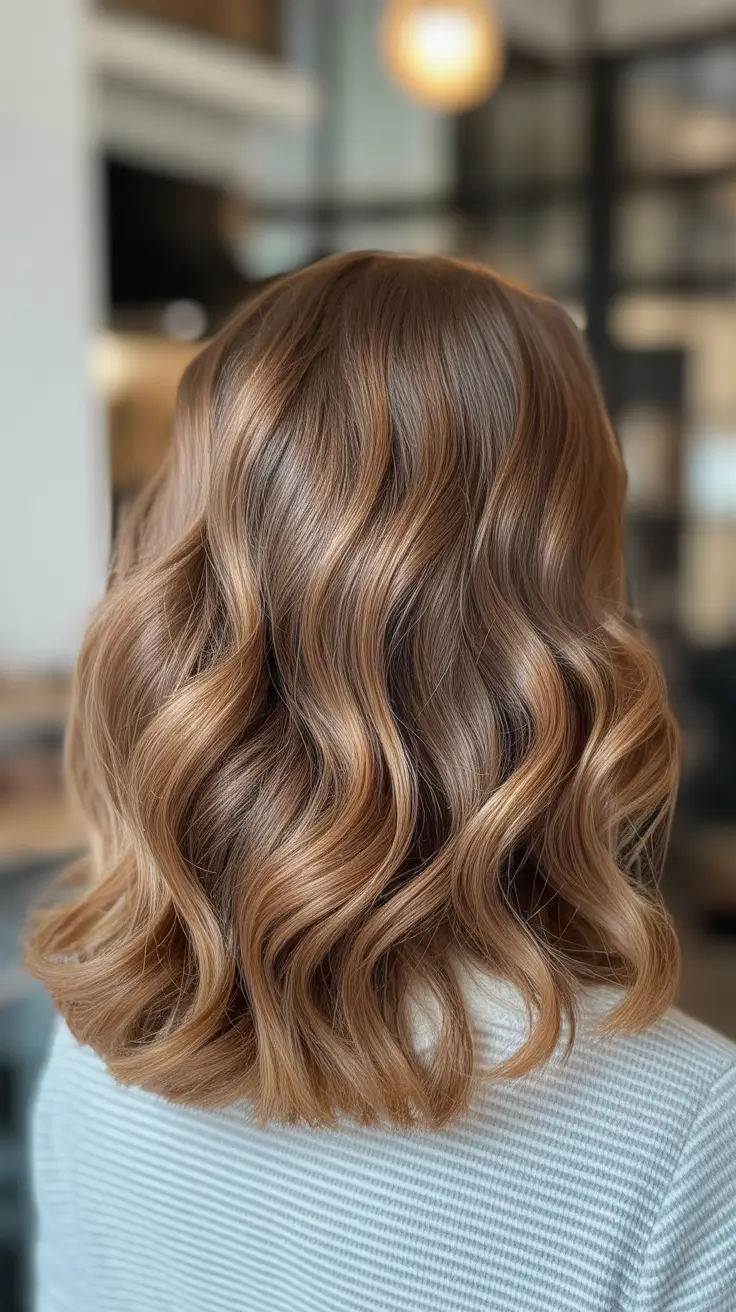 new spring caramel hair color 2026 Soft Caramel Dimension On A Wavy Short Lob