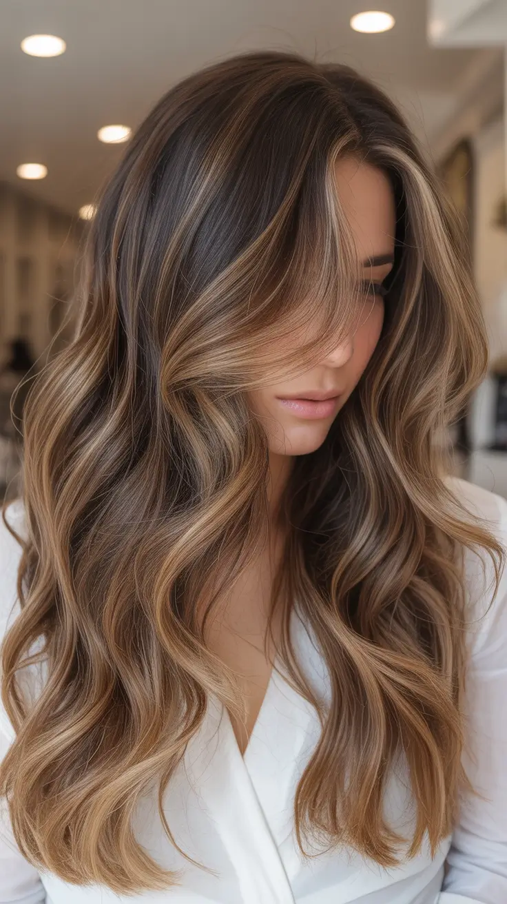 new spring caramel hair color 2026 Moody Brunette Waves With Creamy Caramel Face Framing