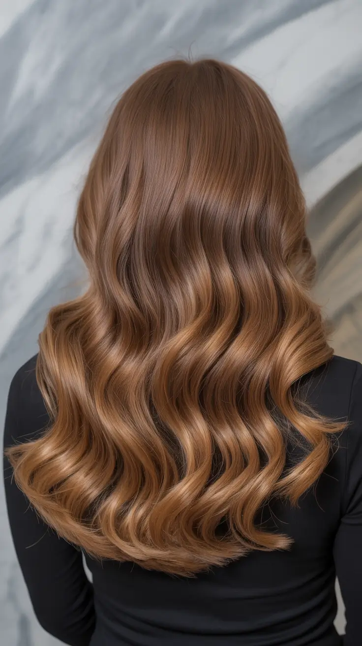 new spring caramel hair color 2026 Golden Auburn-Caramel Waves With A Glossy Finish