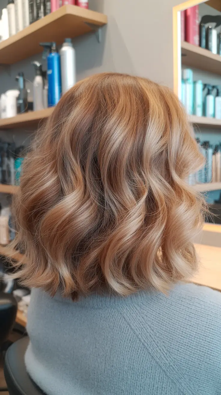 new spring caramel hair color 2026 Soft Caramel Melt On A Wavy Medium Lob