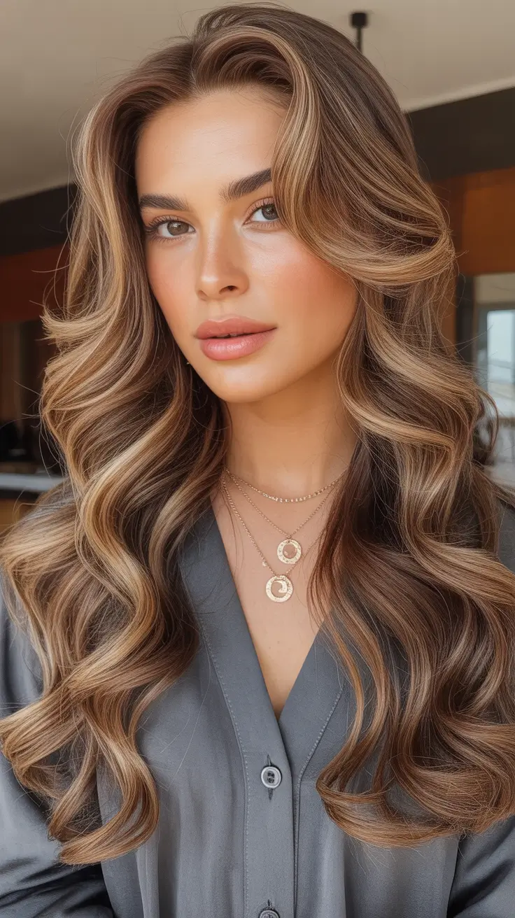 new spring caramel hair color 2026 Caramel Ribbons With Glam Volume And Face Framing