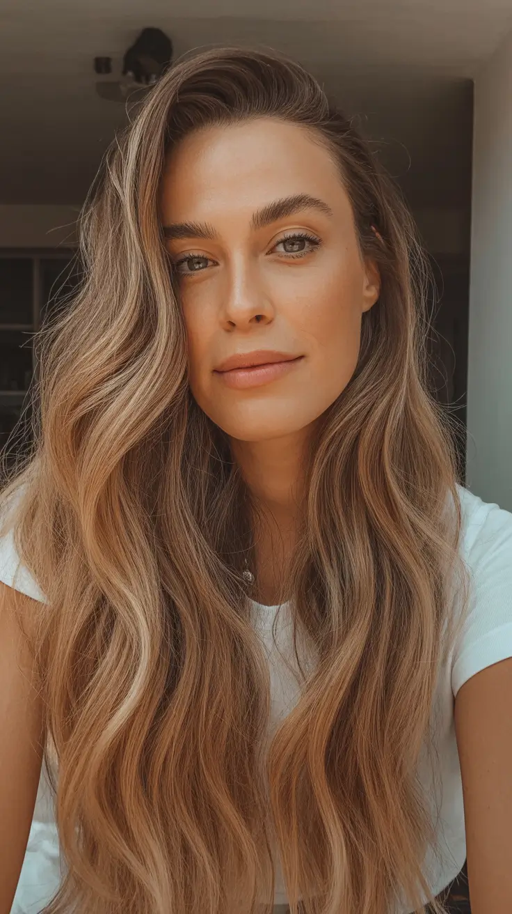 new spring caramel hair color 2026 Sunlit Caramel Balayage On Long, Relaxed Waves