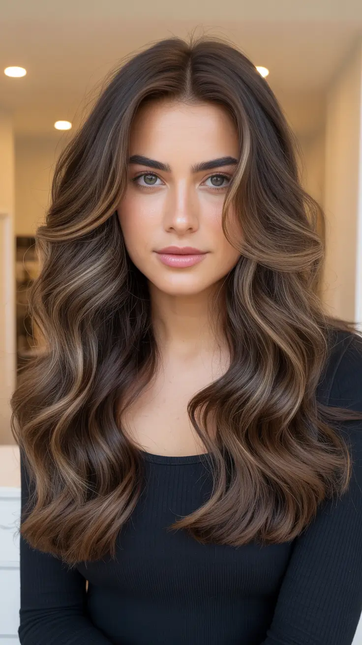 chic dark spring hair color ideas 2026 Soft Espresso Waves With Caramel Dimension