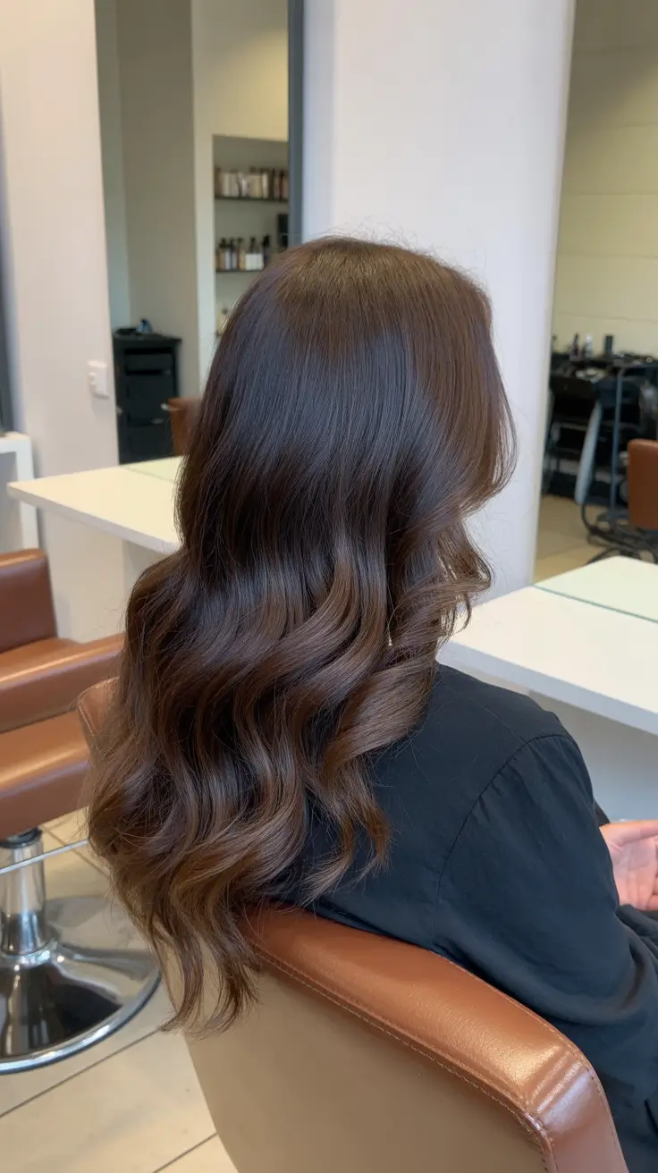 chic dark spring hair color ideas 2026 + Deep Chocolate Waves With A Subtle Warm Melt