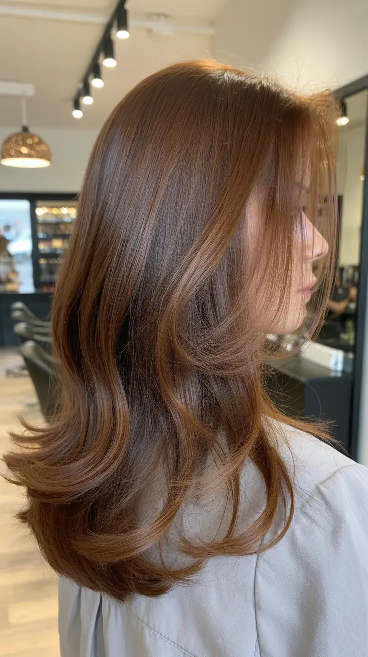 chic dark spring hair color ideas 2026 + Cinnamon Brown Blowout With Layered Bounce