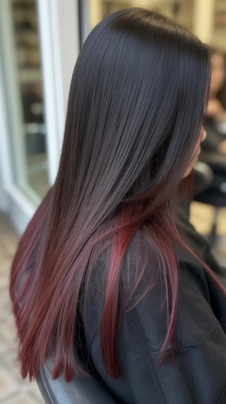 chic dark spring hair color ideas 2026 + Espresso Lengths With A Hidden Cherry Underlayer