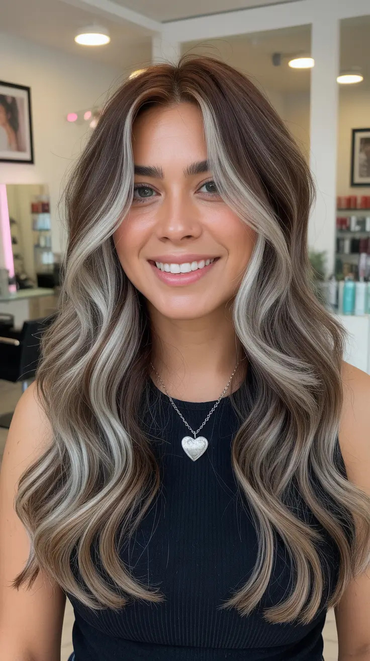 chic dark spring hair color ideas 2026 + Cool Brunette With High-Contrast Ash Ribbons