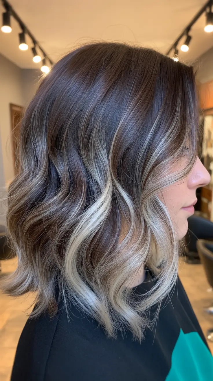 chic dark spring hair color ideas 2026 + Smoky Platinum Ribbons On A Dark Wavy Bob