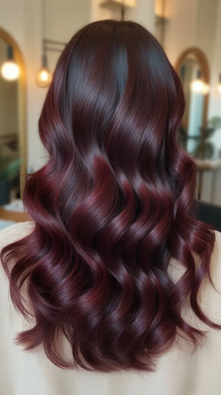 chic dark spring hair color ideas 2026 + Glossy Merlot Depth With Velvety Waves