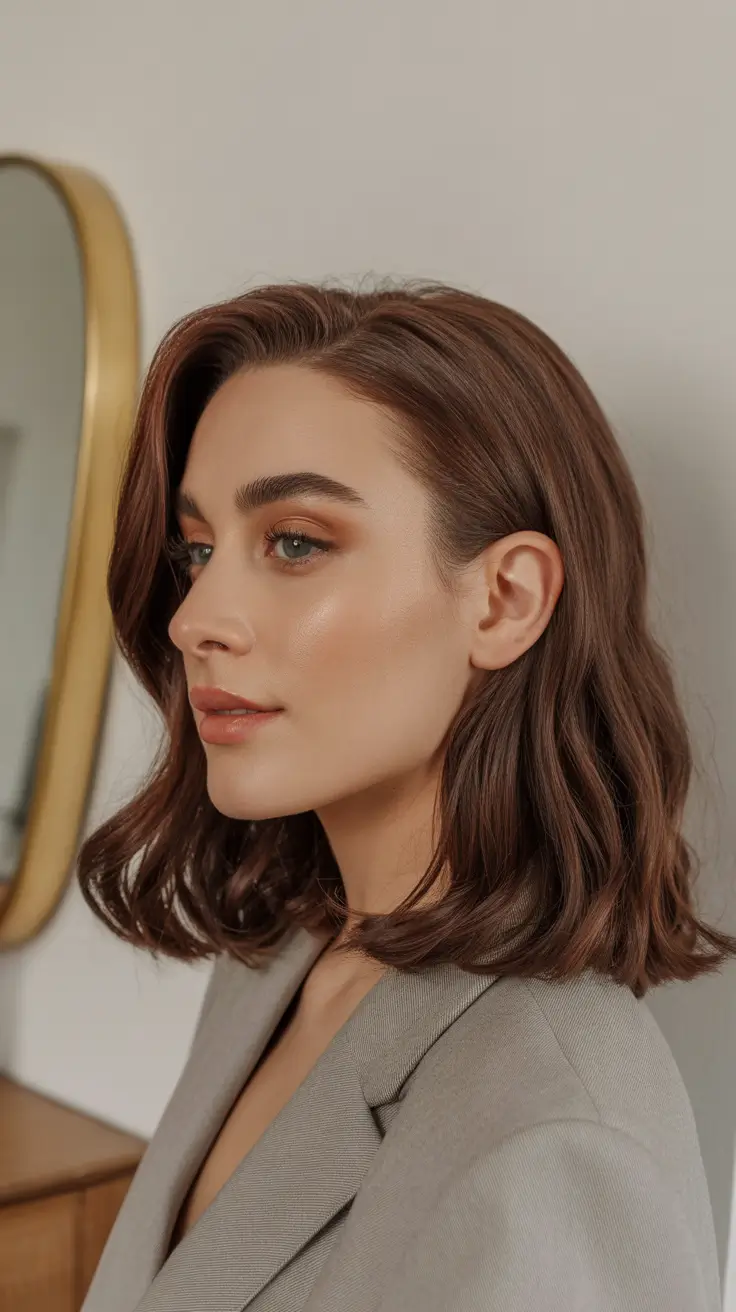 chic dark spring hair color ideas 2026 + Mocha Chocolate Bob With Soft Side-Part Polish