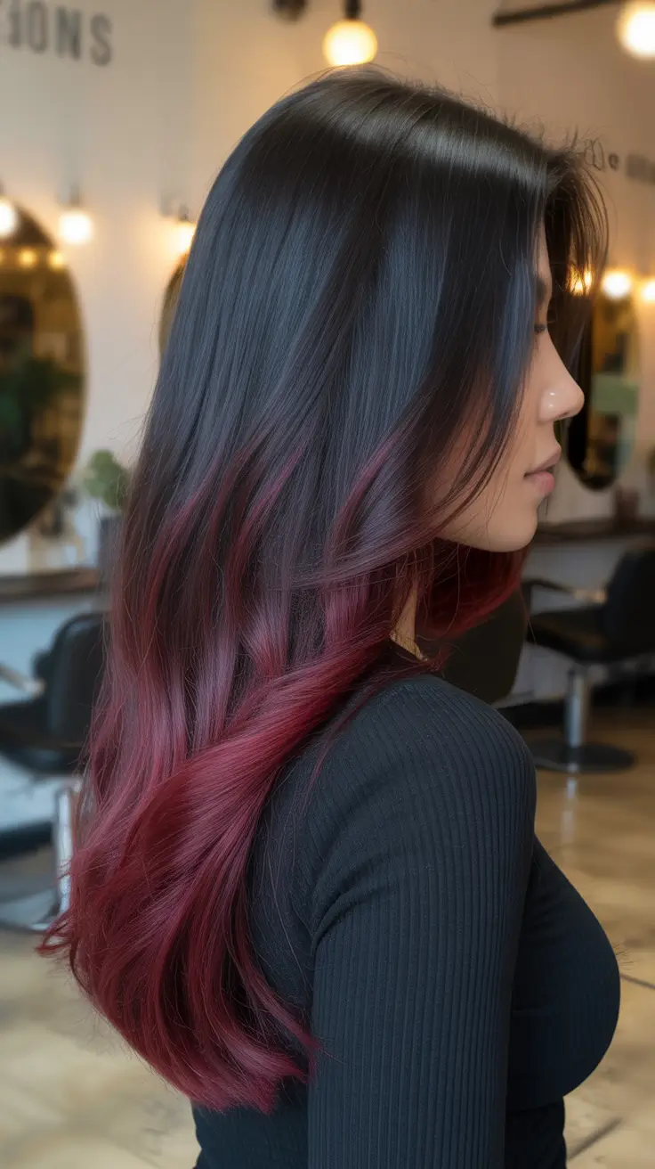 chic dark spring hair color ideas 2026 Midnight Roots Into A Wine-Red Melt