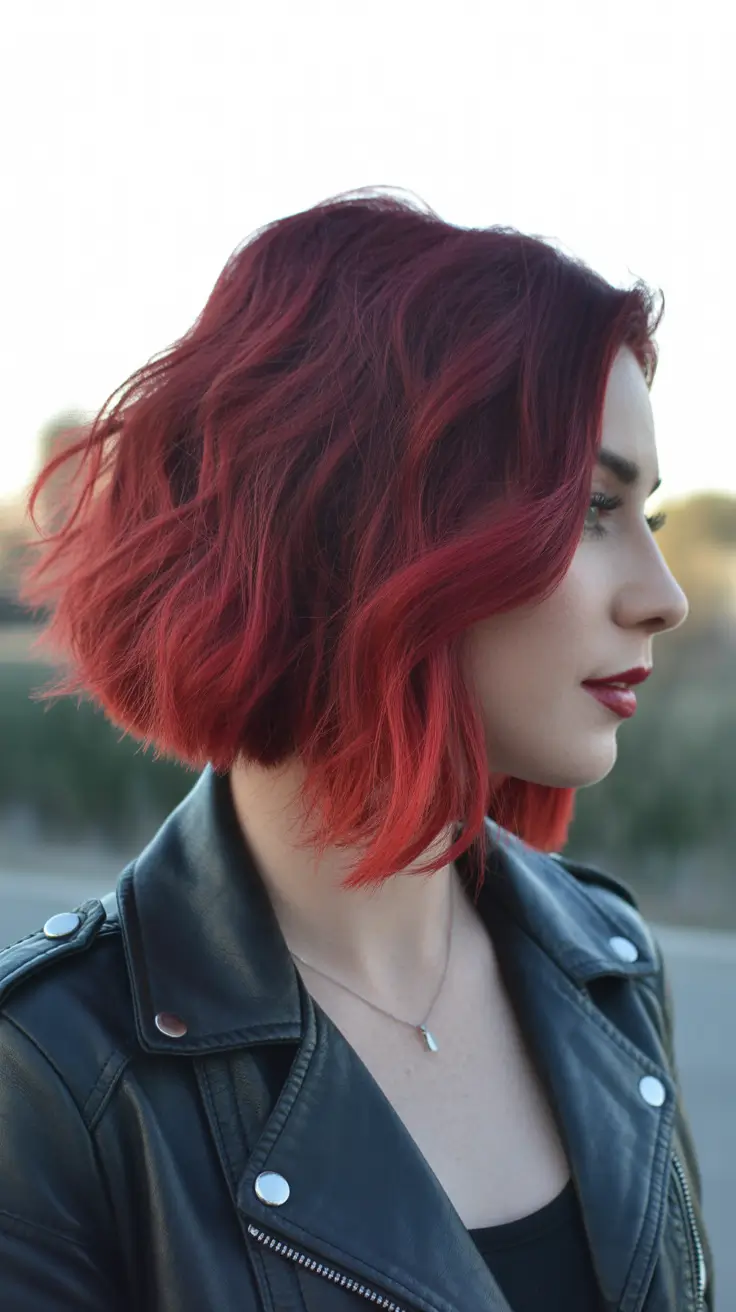 chic dark spring hair color ideas 2026 + Fire-Red Textured French Bob With Dark Root Shadow