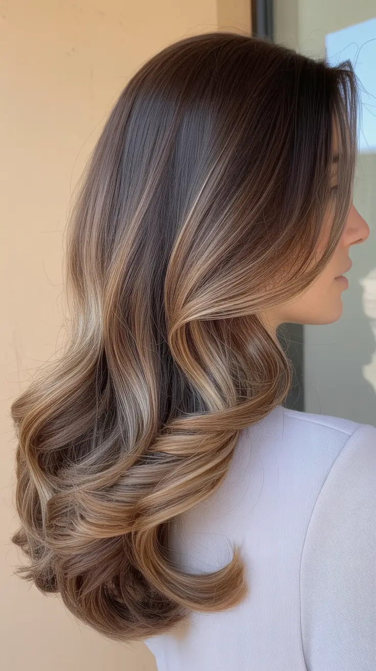 chic dark spring hair color ideas 2026 + Dark Brunette Balayage With Creamy Blonde Sweep