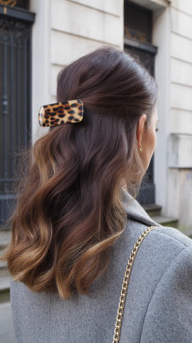 chic dark spring hair color ideas 2026 City-Chic Half-Up Clip With A Dark Lob Balayage