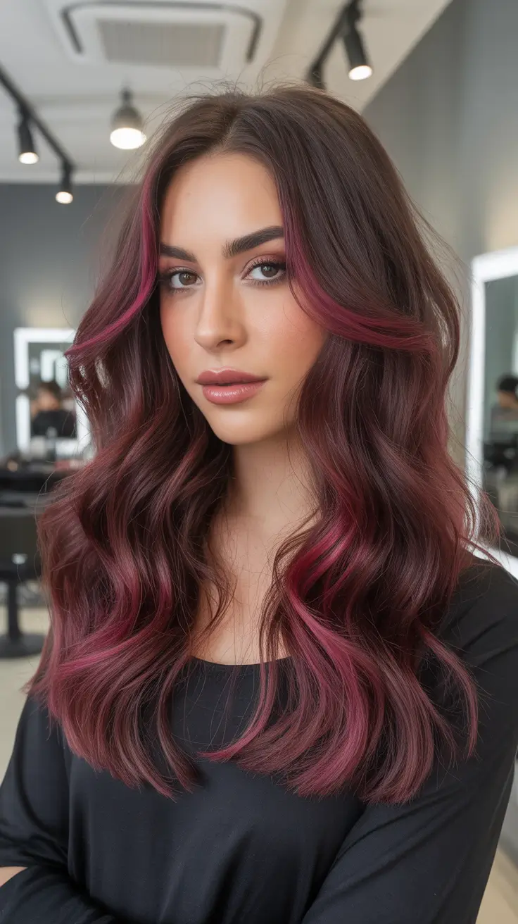 chic dark spring hair color ideas 2026 + Cherry-Wine Money Pieces On Soft Brunette Waves
