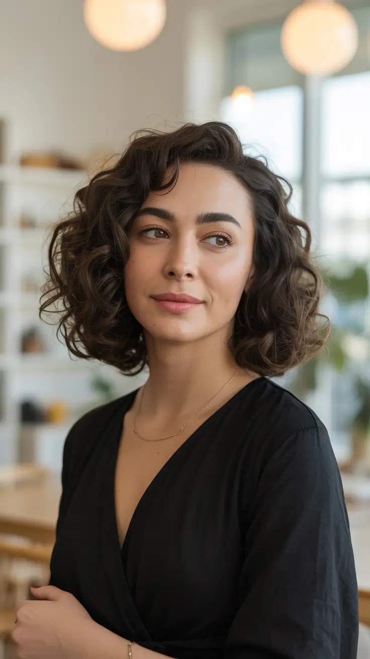 chic dark spring hair color ideas 2026 + Soft French Bob Curls In Deep Cocoa