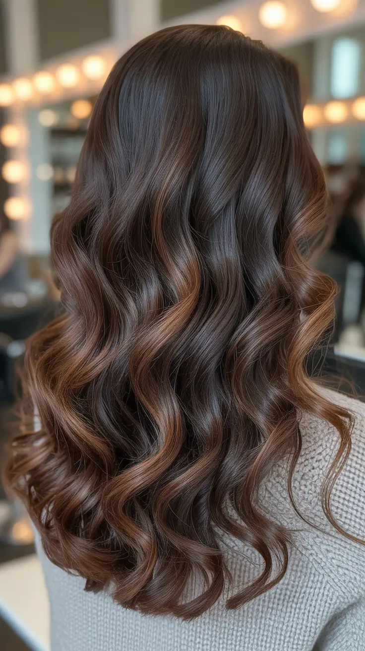 chic dark spring hair color ideas 2026 + Chocolate Waves With Toasted Cinnamon Ribbons
