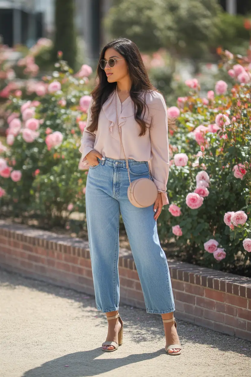 trendy spring date night outfit 2026 Ruffled Softness With Relaxed Denim Ease