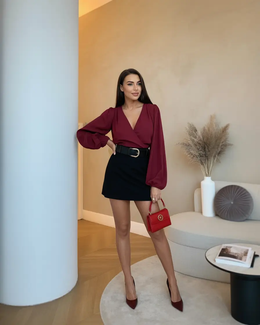 trendy spring date night outfit 2026 Burgundy Blouse And Black Mini - Modern Dressy Casual Edge