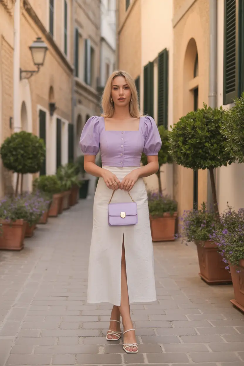 trendy spring date night outfit 2026 Lavender Top And White Midi Skirt - Soft European Romance