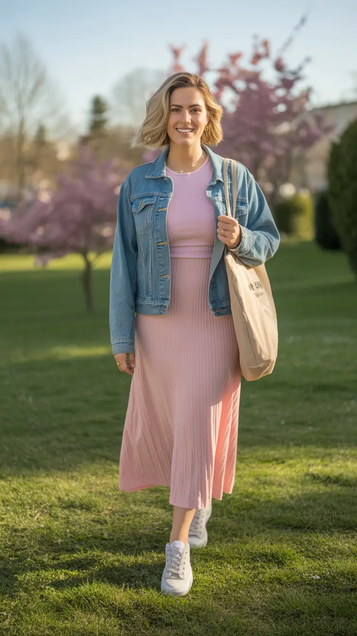 trendy spring date night outfit 2026 Soft Pink And Denim - Casual Spring Romance With A Twist