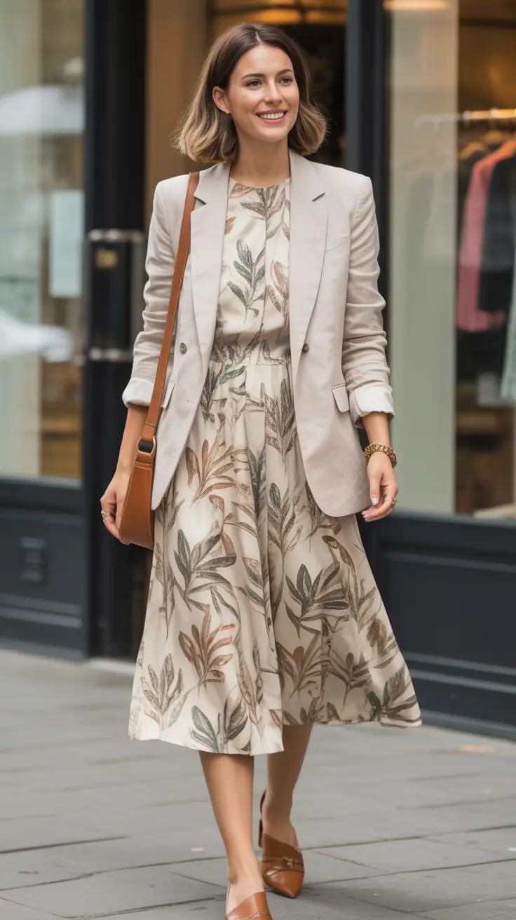 trendy spring date night outfit 2026 Printed Midi And Light Blazer - Effortless Day To Night Polish