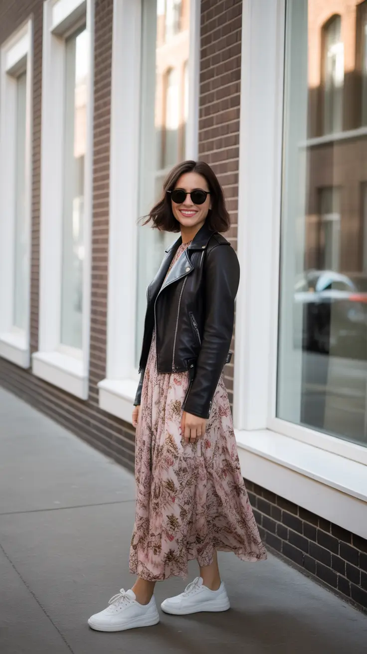 chic spring dress outfits for women 2026 + Leather Jacket Over A Floaty Midi With Sneakers