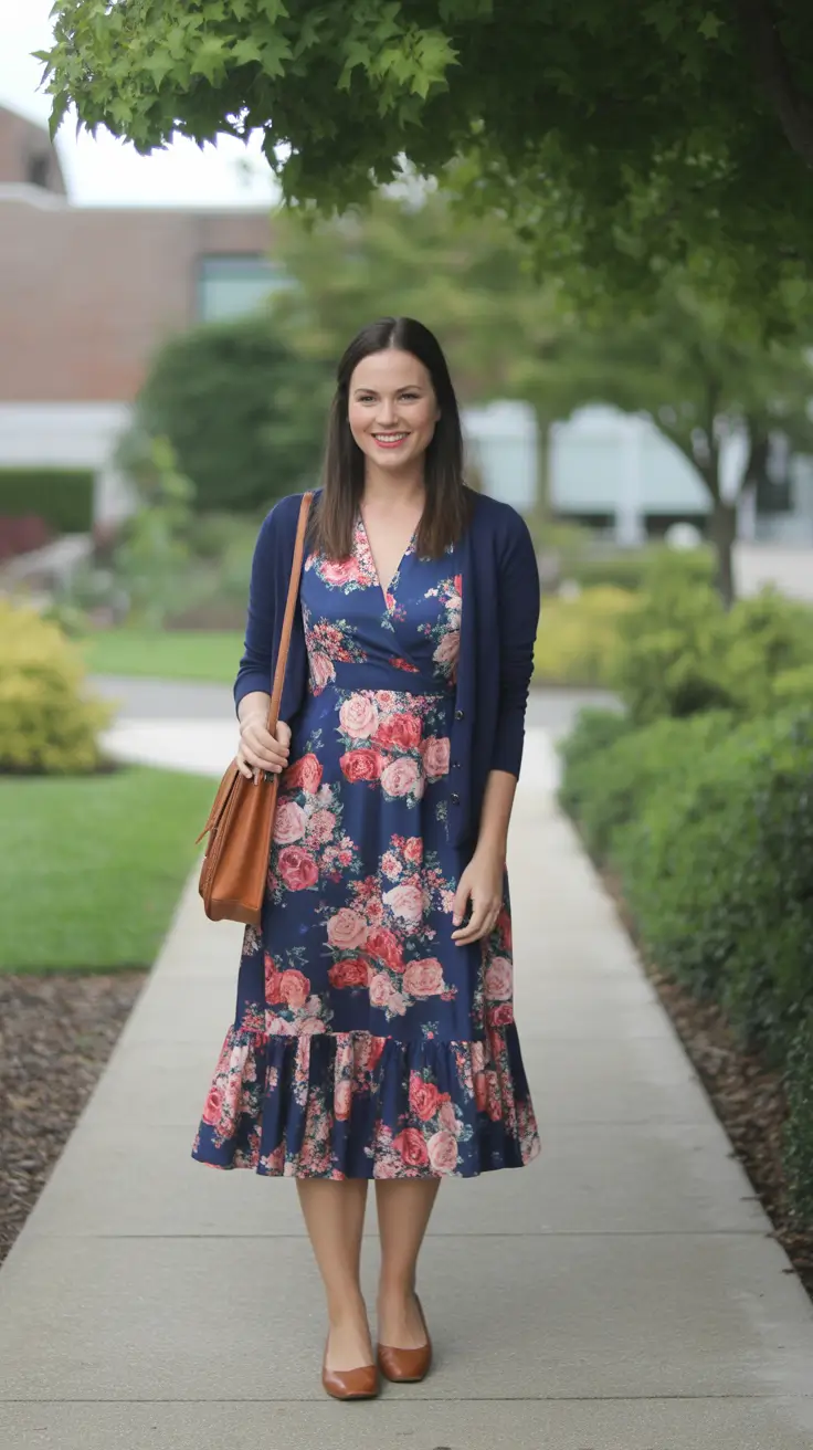 chic spring dress outfits for women 2026 + Cardigan And Floral Wrap Dress With A Brown Bag